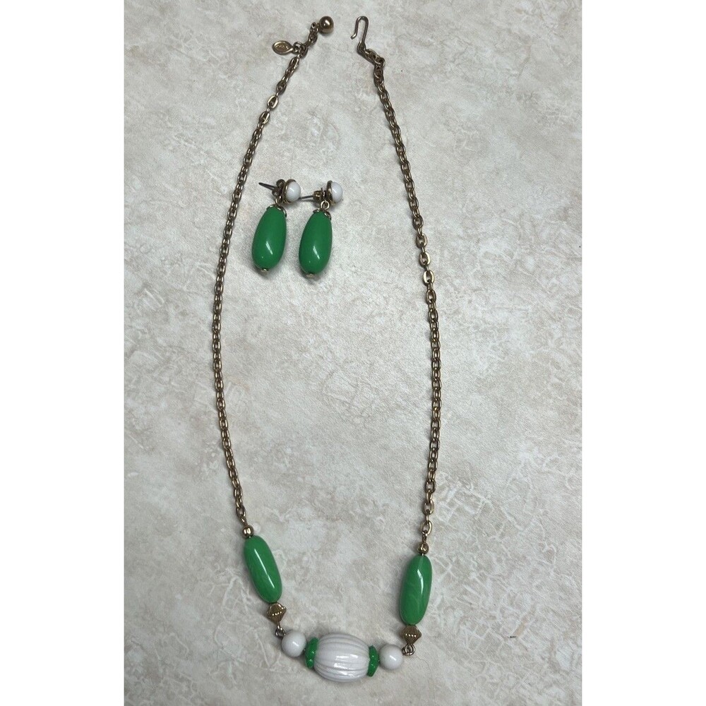 Vintage Avon Necklace and Earring Set Gold Tone With Green and White Beads